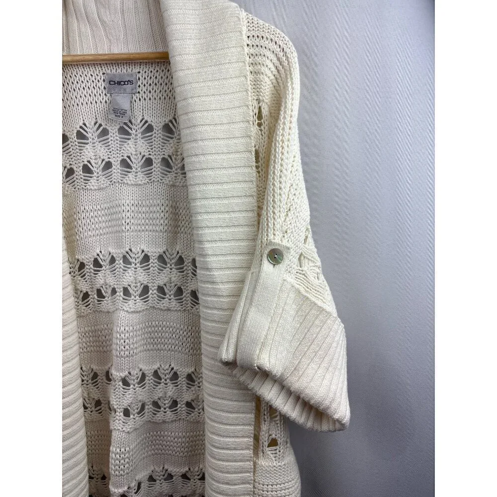 Chicos Womens Open Weave Cardigan Sweater Size XL 100% Cotton Ribbed Shawl Colla